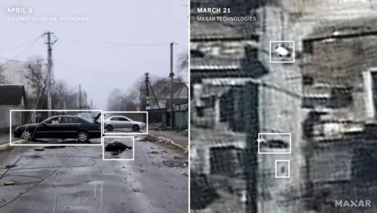Труповете в Буча са лежали на улицата от седмици, доказват сателитни снимки