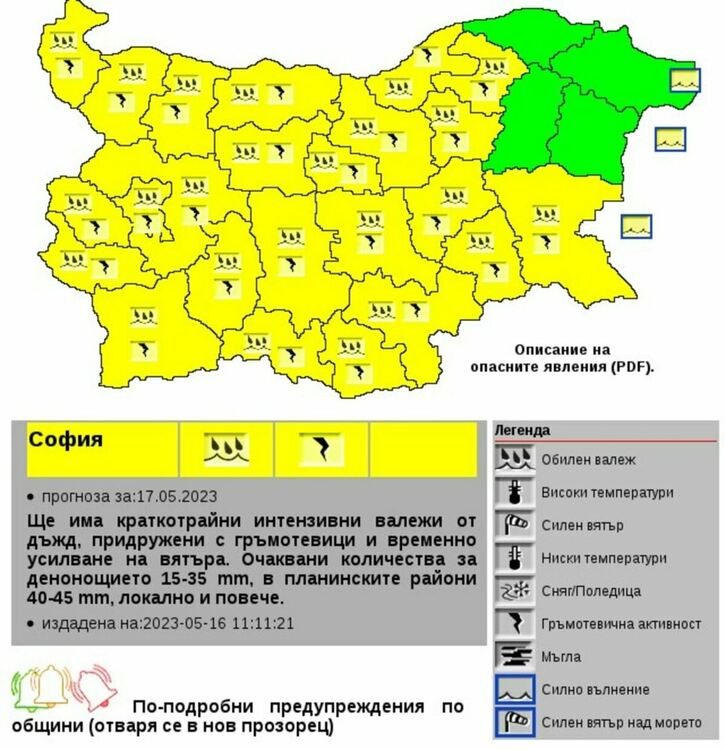 Жълт код за валежи и гръмотевични бури в 24 области на страната
